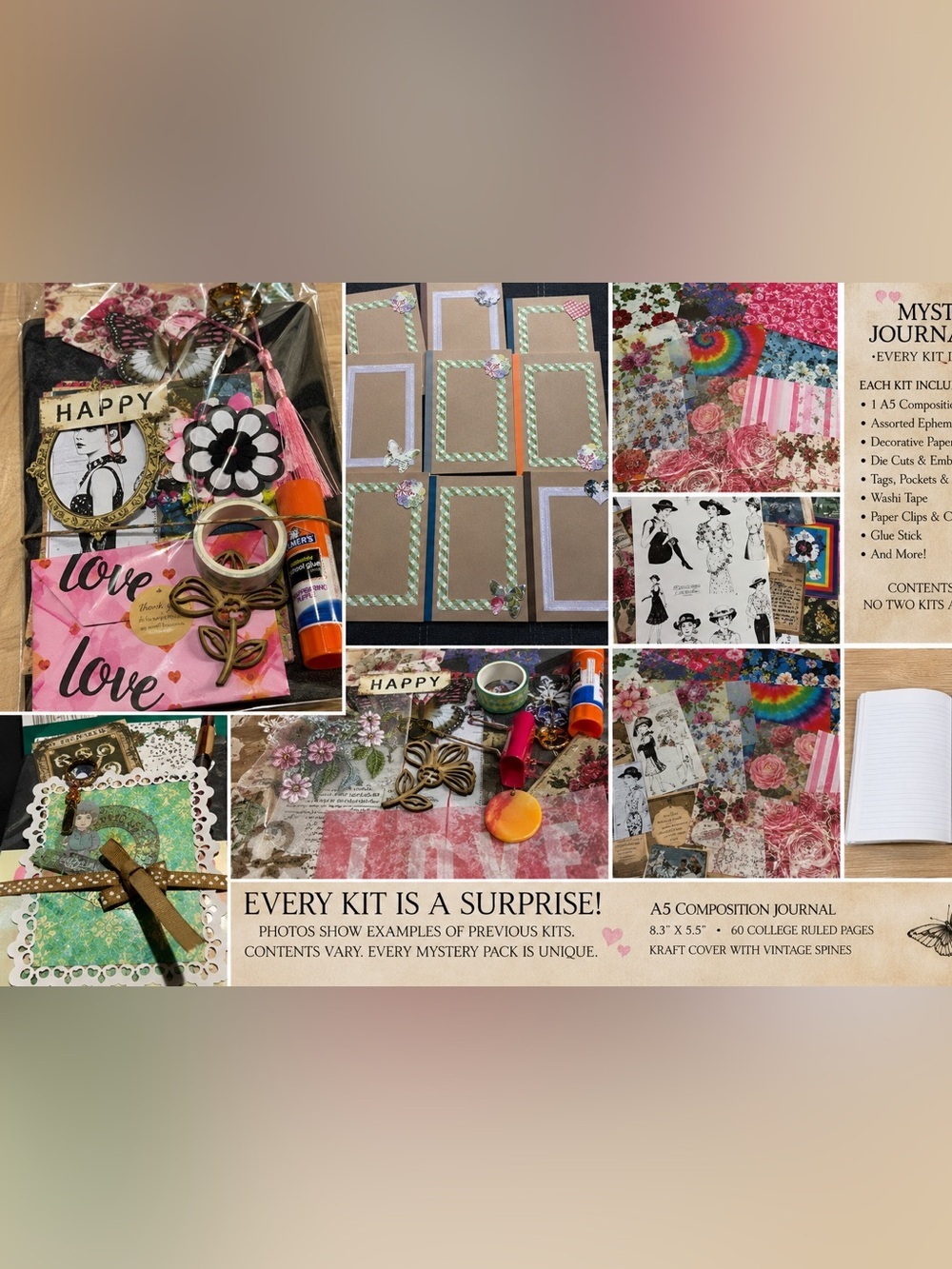 Mystery Junk Journal Kit with Handmade A5 Journal, Ephemera Pack